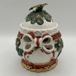 CBI Ceramic CANDY JAR Holly Berries & Bows & Pine Cones - 7" Tall